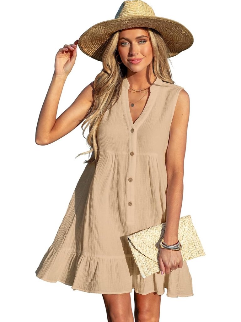 Womens Beige Cotton Swimsuit Coverup Beach Cover Up Button Down Dress Ruffle Hem